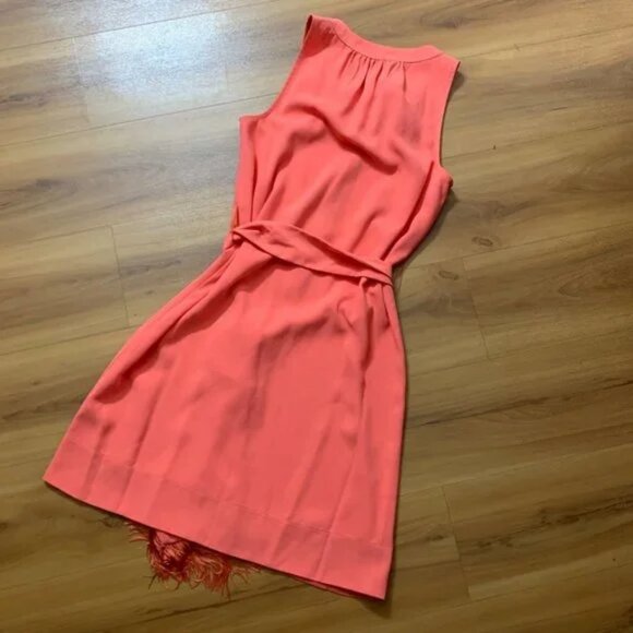 TRINA TURK Coral Orange 1/2 Button Belted Fringe Shift Dress Sleeveless - Picture 6 of 9